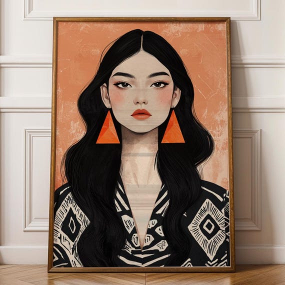 Modern Woman Portrait Art Orange Earrings Tribal Outfit
