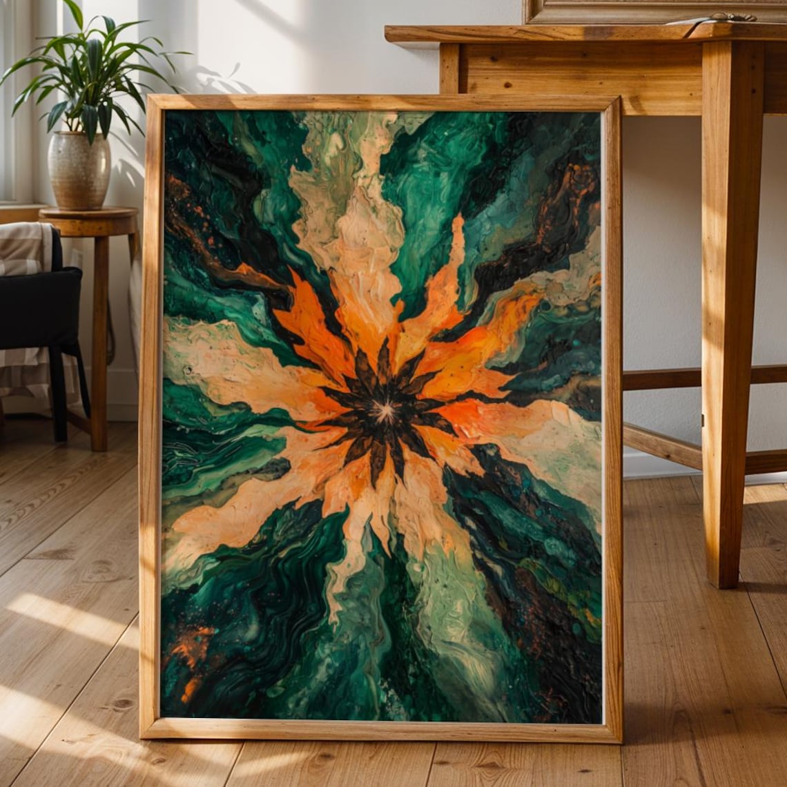 Abstract Floral Oil Painting Print Sage Green Burnt Orange Burst Art