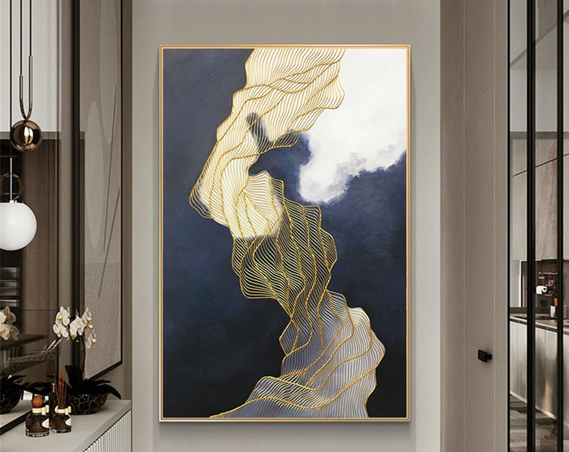 Gold Contour Silk Waves on Navy Blue Abstract Elegant Wall Art Poster - Image 3