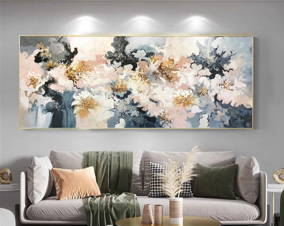 Blue Navy White Golden Floral Abstract Panoramic Living Room Wall Art