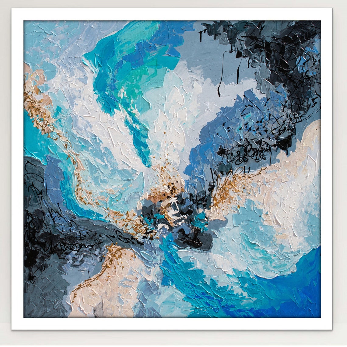 Blue Teal Abstract Wave Impasto Painting Gold Black Modern Art Poster