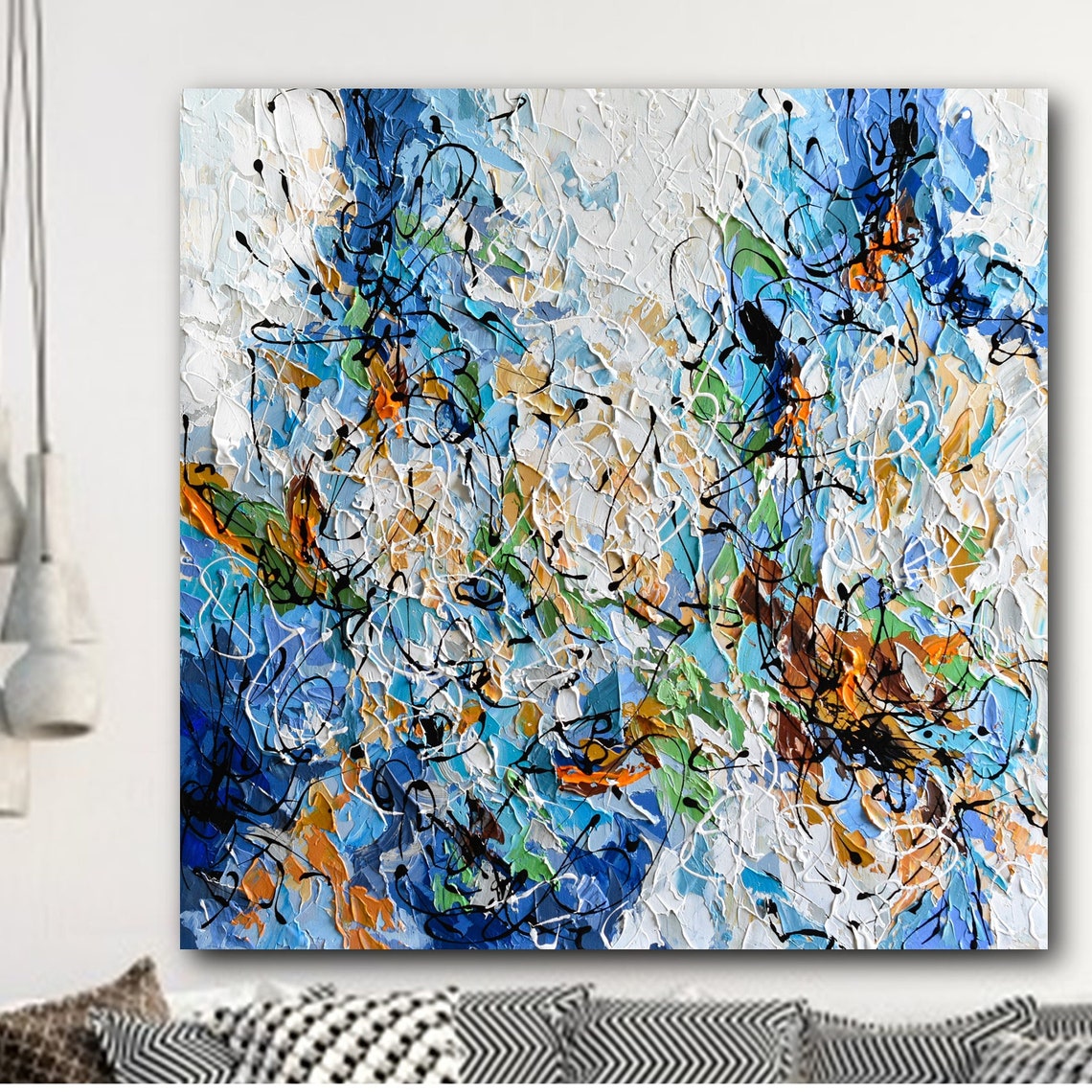 Blue Brown White Abstract Swirl Modern Palette Knife Textured Poster