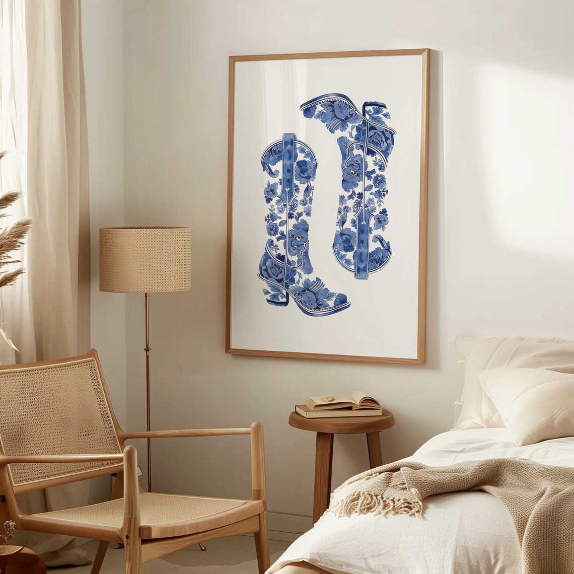 Blue Floral Chinoiserie Porcelain Cowboy Boots Western Poster - Image 2