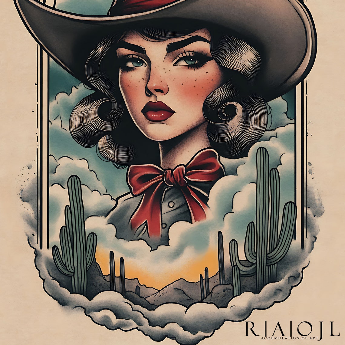 Vintage Tattoo Style Cowgirl Portrait Among Desert Cacti Poster - Image 4