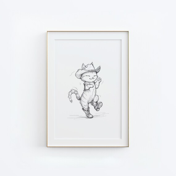 Dancing Cowboy Cat In Boots Pencil Sketch Funny Animal Poster