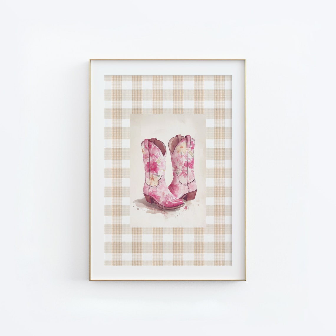 Pink Floral Cowboy Boots Gingham Western Cowgirl Decor Poster
