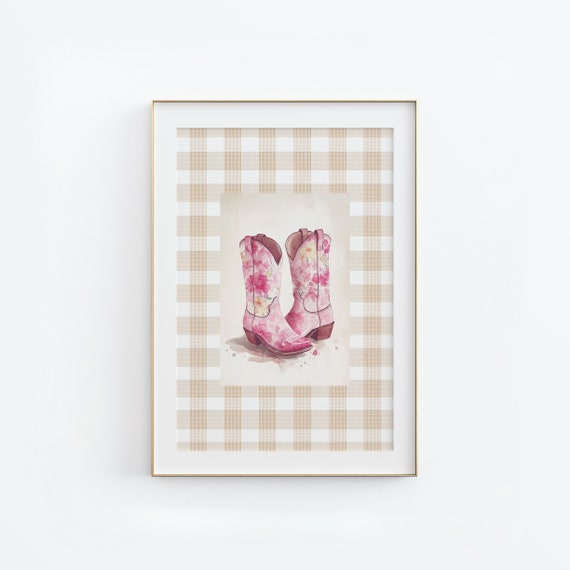Pink Cowboy Boots Print Pink Cowboy Boots Wall Art Minimalist Southern Wall Poster Vintage Western Cowgirl Art Cute Apartment Decor