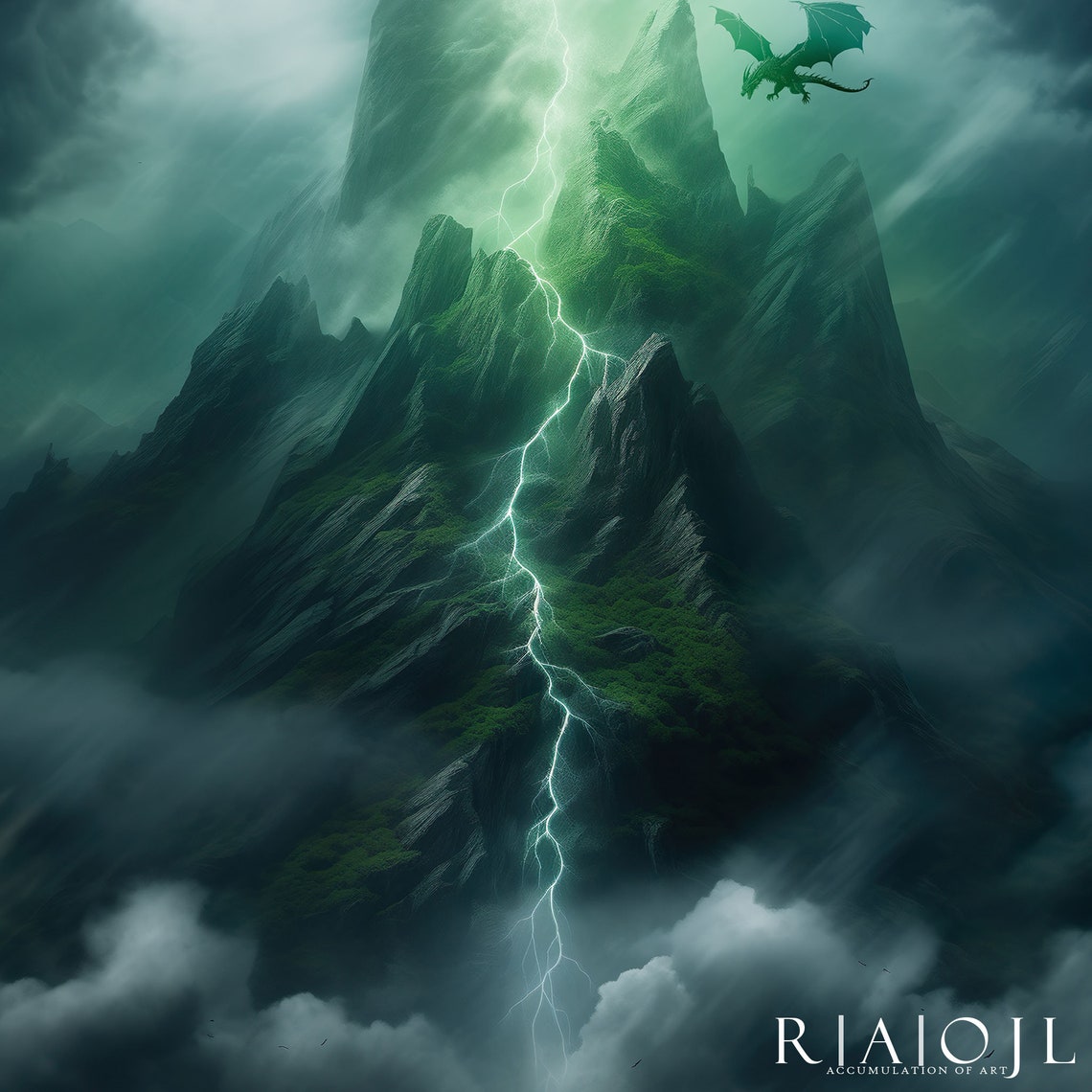 Lightning Storm Dragon Soaring Over Emerald Mountain Peaks Poster - Image 4