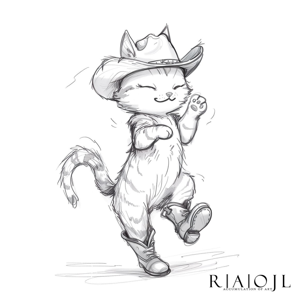 Dancing Cowboy Cat In Boots Pencil Sketch Funny Animal Poster - Image 4