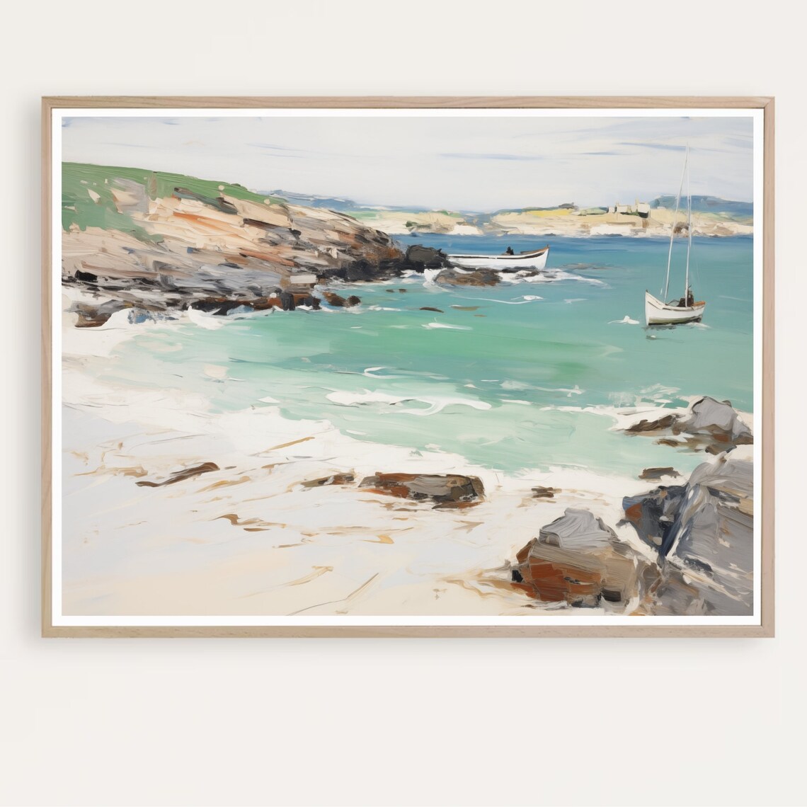 Turquoise Ocean Cove Boats Rocky Cliffs Vintage Coastal Painting Poster