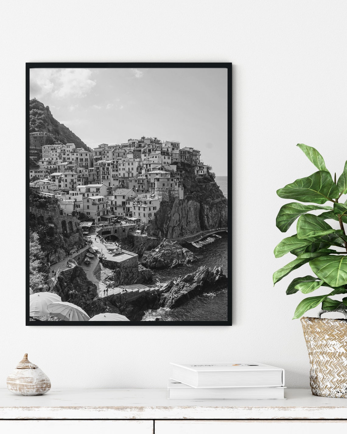 Cinque Terre Cliffside Town Umbrellas Black And White Photo Poster - Image 5