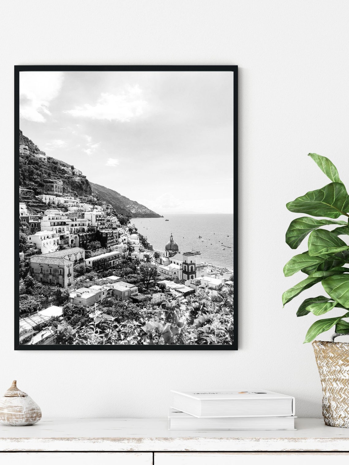 Positano Amalfi Coast Cliffside Town Black And White Photo Poster - Image 3