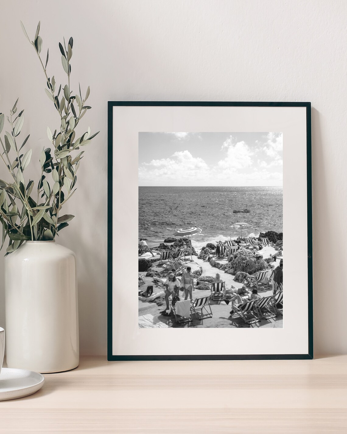 Italian Rocky Beach Sunbathers Black And White Coastal Photo Print - Image 4