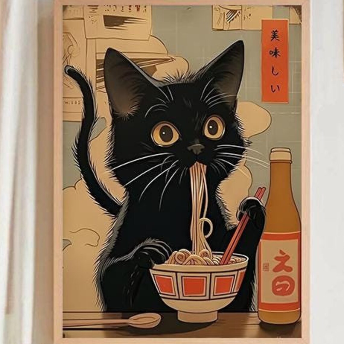 Black Cat Eating Ramen Chopsticks Vintage Japanese Art Poster