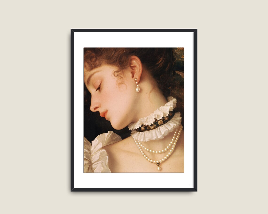 Woman Pearl Necklace Profile Vintage Romantic Portrait Wall Art - Image 2