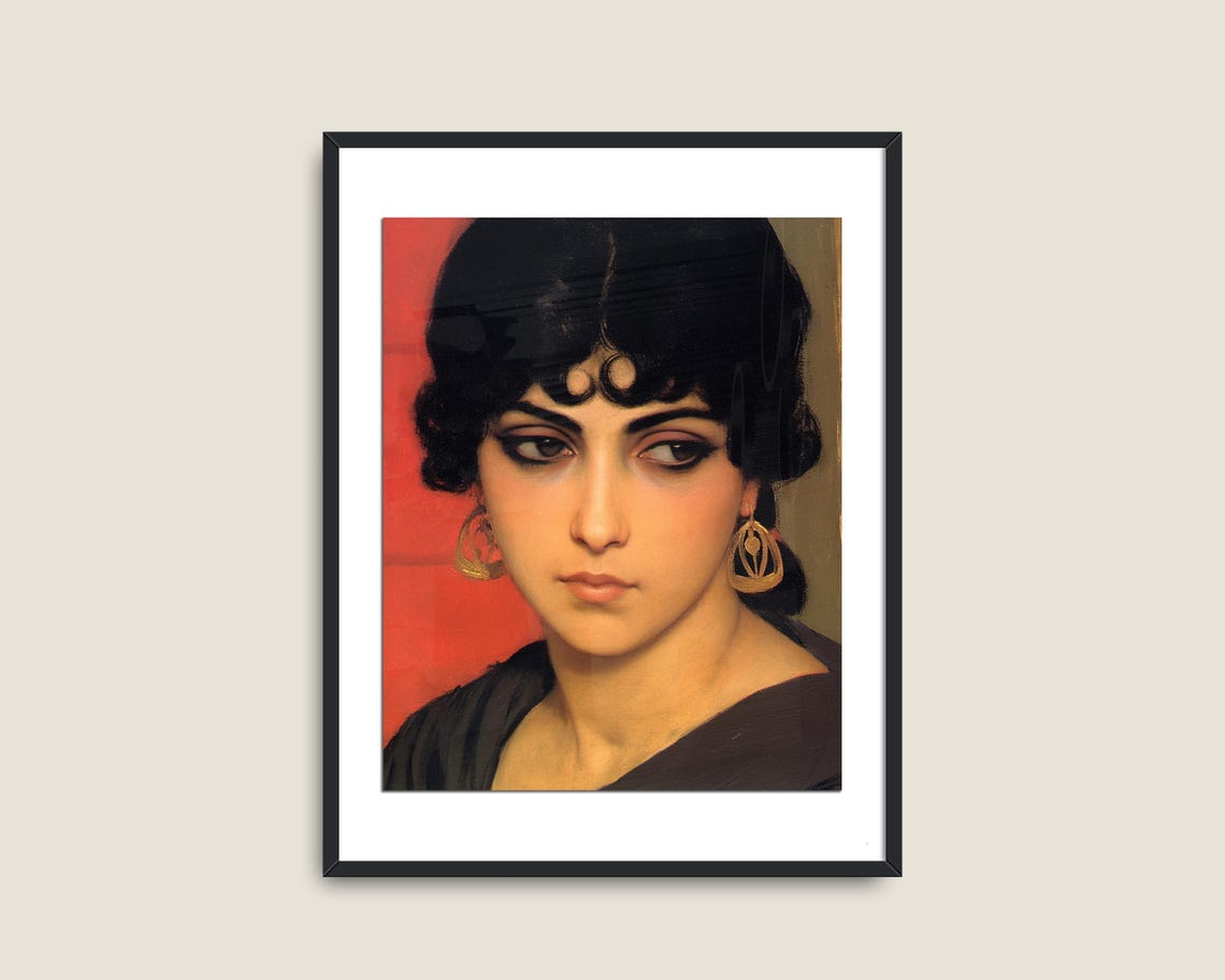 Dark Haired Beauty With Gold Earrings On Red Vintage Portrait Poster - Image 2