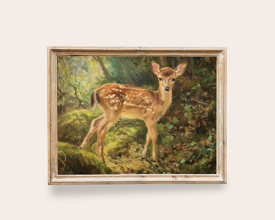 Spotted Fawn in Sunlit Forest Vintage Style Deer Painting Wall Print