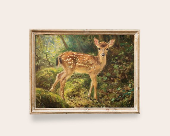 Spotted Fawn in Sunlit Forest Vintage Style Deer Painting Wall Print