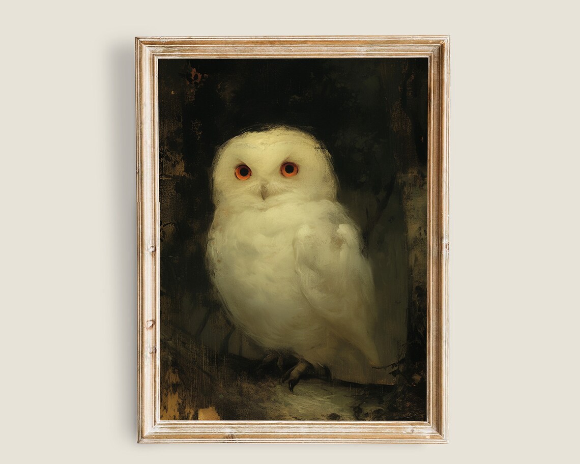 White Owl Orange Eyes Dark Moody Vintage Wildlife Portrait Print