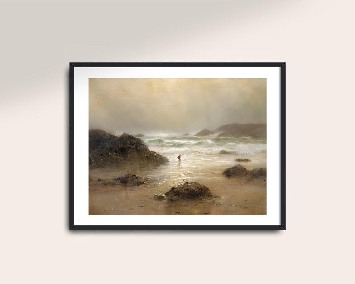 Misty Rocky Beach and Storm Waves Vintage Sepia Seascape Poster - Image 2