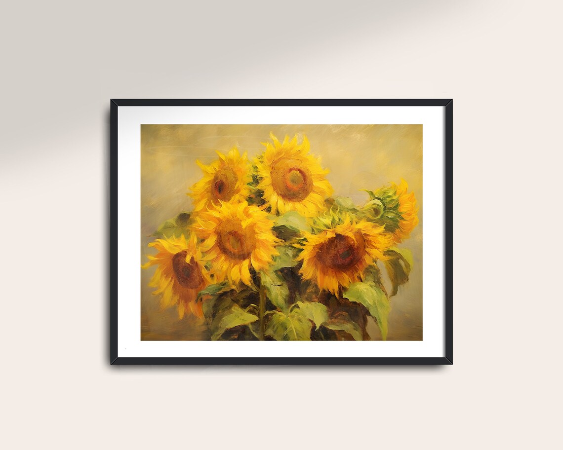 Golden Sunflowers Bouquet Vintage Oil Painting Farmhouse Floral Print - Image 2