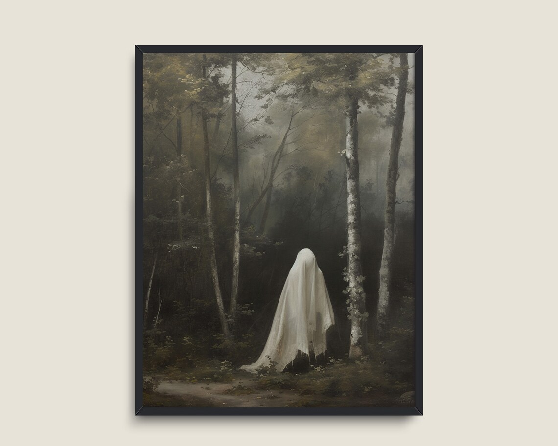 Ghost in Misty Forest Spooky Vintage Halloween Goth Art Poster - Image 3