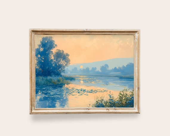Vintage Blue Sunset Painting River Landscape Art Antique Rustic Farmhouse Decor Colorful Nature Art Wall Art