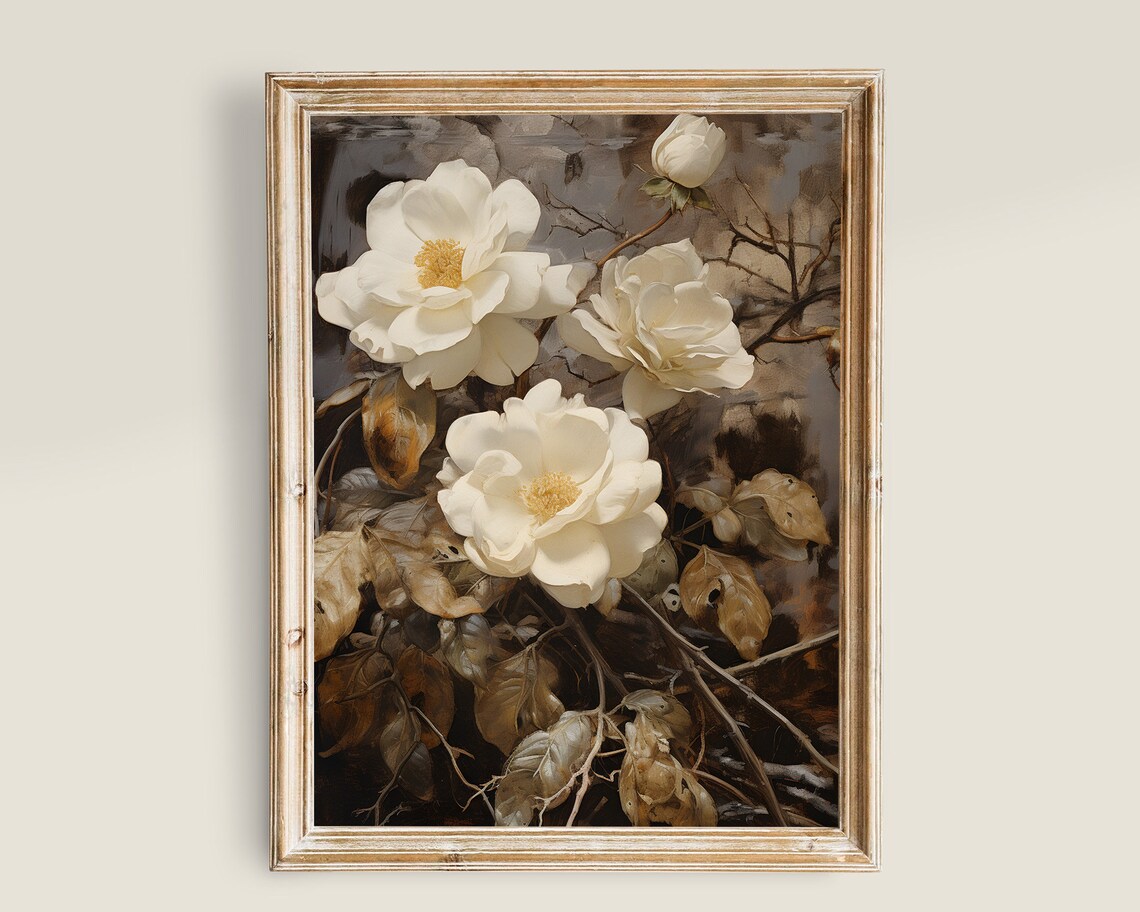 White Roses Painting, Antique Botanical Art Print