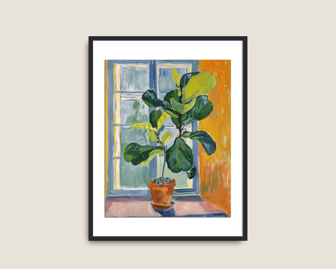 Fiddle Leaf Fig Window Bold Botanical Painting Orange Wall Houseplant Wall Art - Image 2