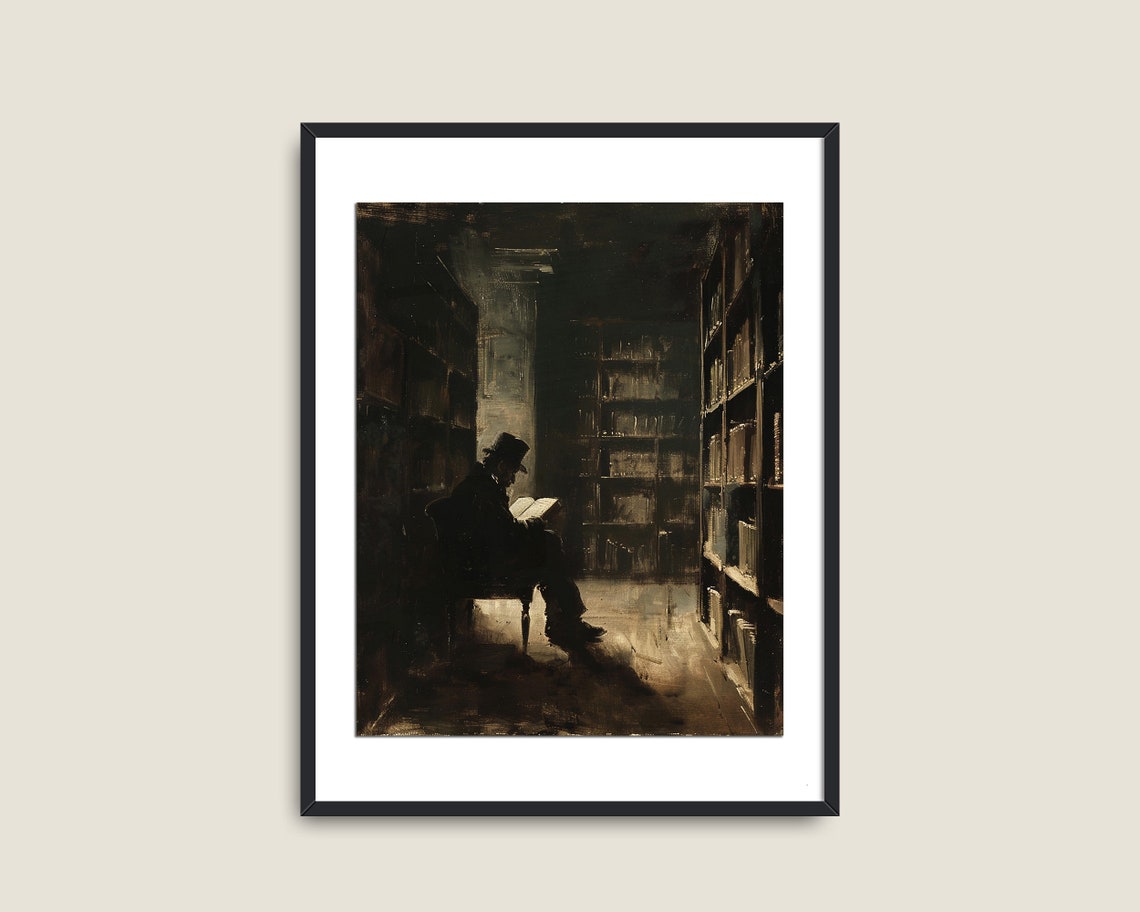 Man Reading in a Dark Old Library Vintage Still Life Wall Art Print - Image 2