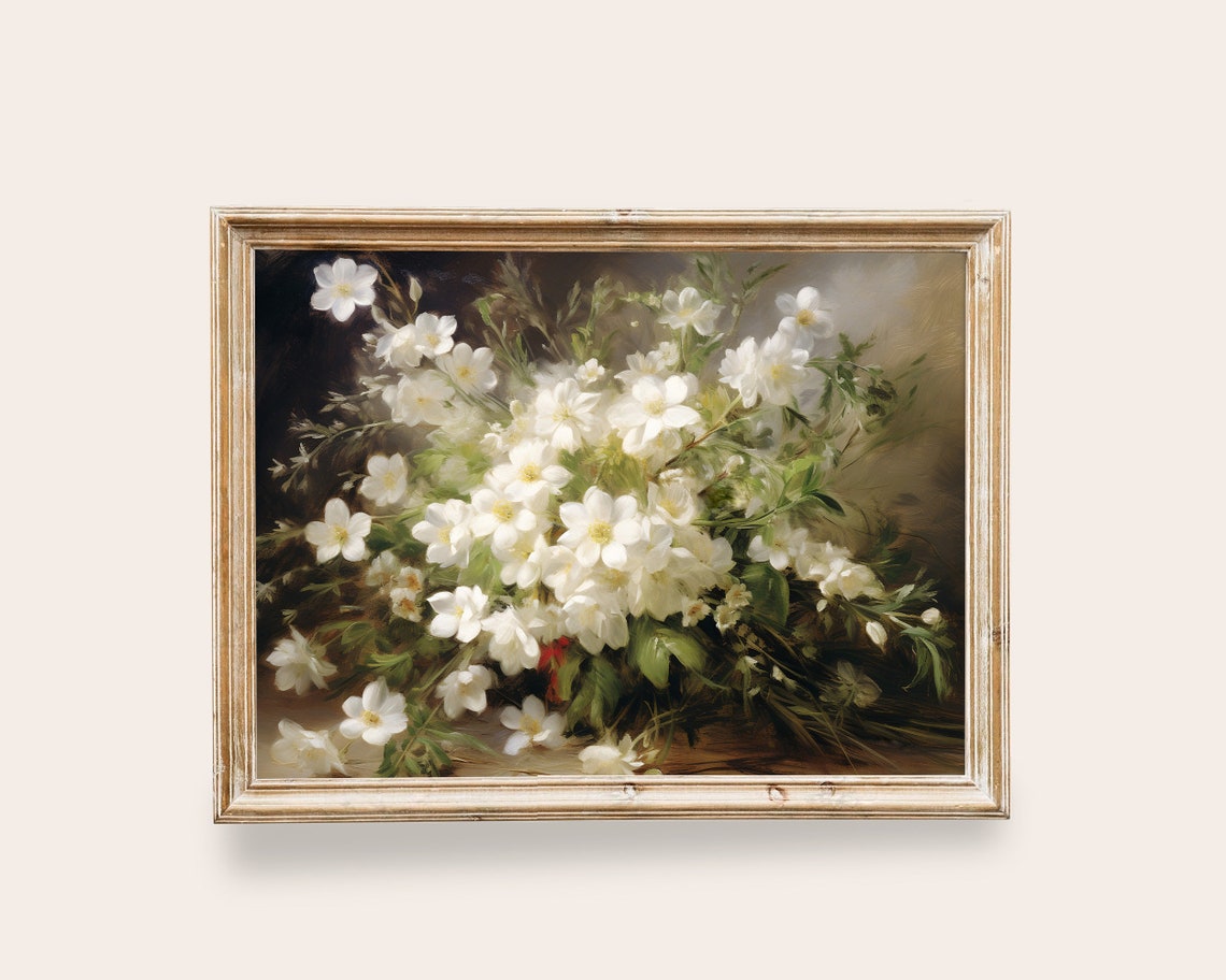 White Wildflowers Bouquet Vintage Style Soft Floral Wall Art Print
