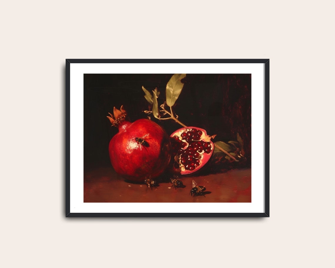 Pomegranate Still Life With Bees Dark Elegant Vintage Kitchen Poster - Image 2