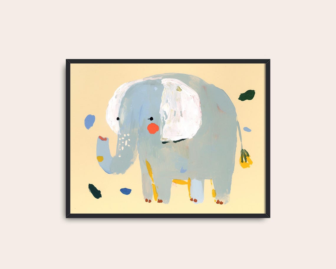 Cute Pastel Blue Elephant Kids Painting Nursery Animal Art Poster - Image 3