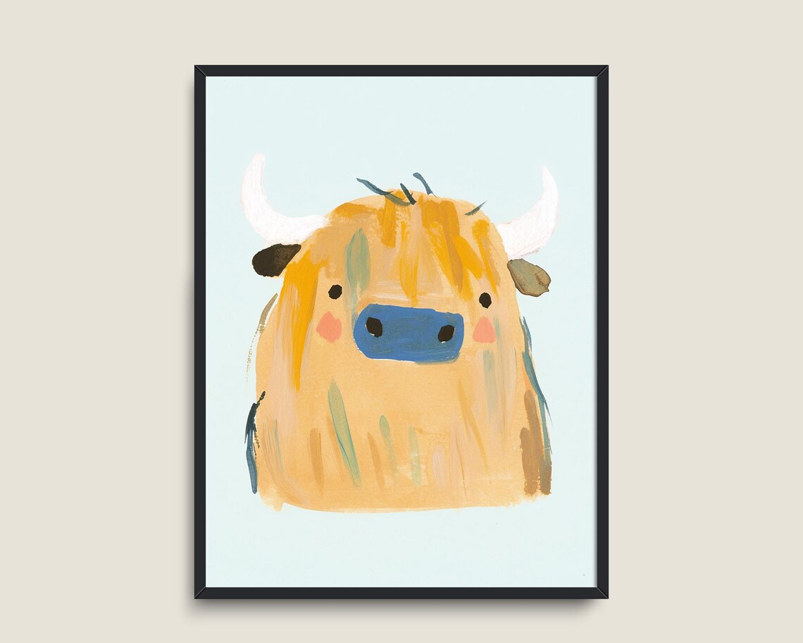 Cute Highland Cow Painting Golden Fuzz Pastel Kids Animal Poster - Image 3