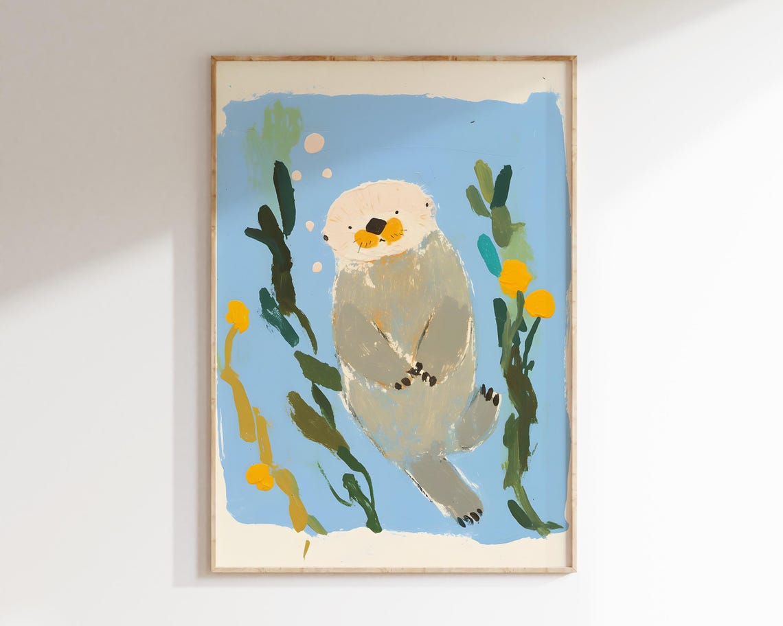 Cute Sea Otter Floating Kelp Kids Illustration Nursery Wall Art Poster - Image 2