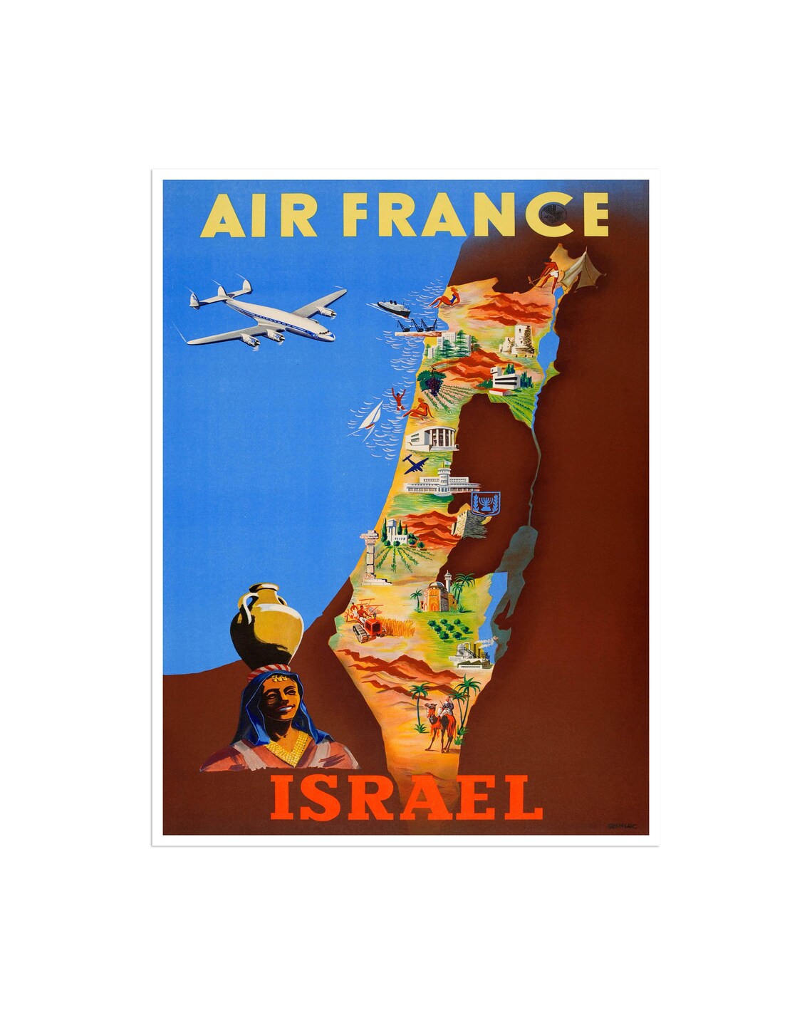 Israel Air France Map Landmarks Vintage Airline Travel Poster