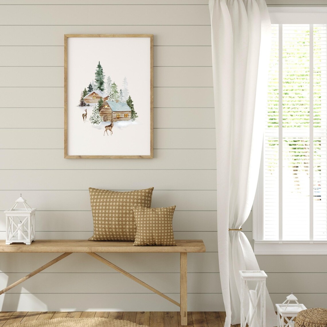 Rustic Winter Cabins with Deer Watercolor Woodland Christmas Poster - Image 3