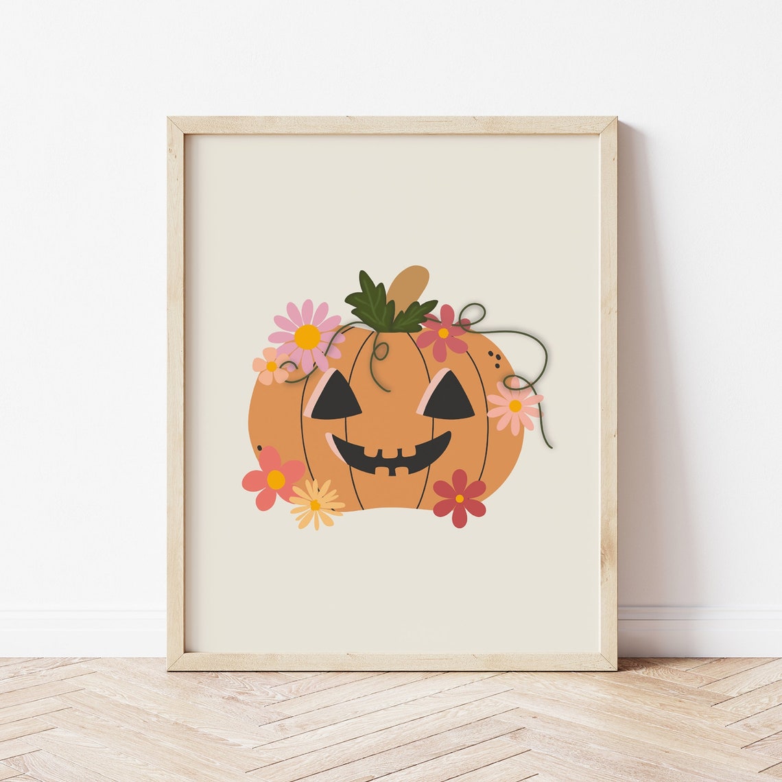 Cute Jack O Lantern Floral Daisies Sweet Halloween Pumpkin Art Poster
