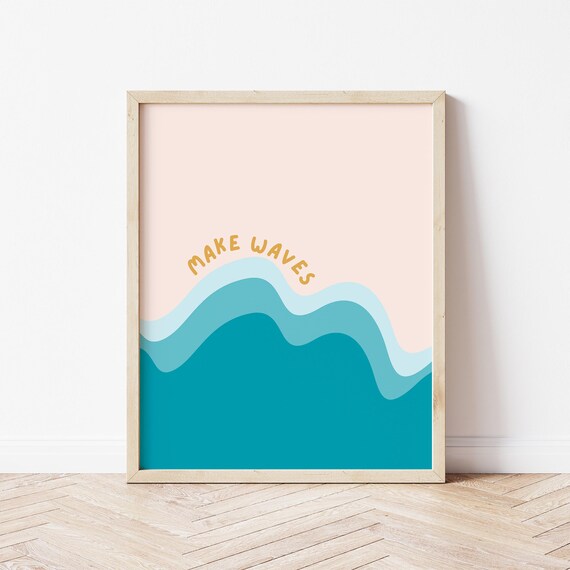 Make Waves Retro Ocean Surf Teal Blue Wavy Coastal Quote Wall Art