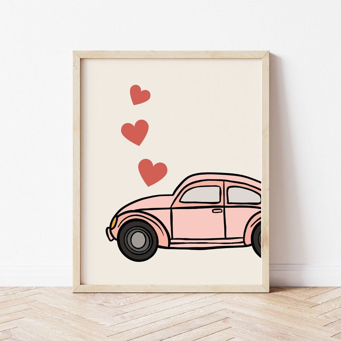 Pink Volkswagen Beetle With Hearts Cute Valentines Day Poster - Image 3
