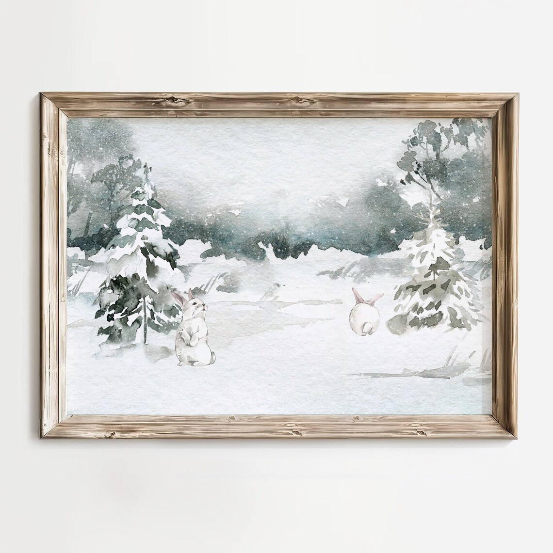 Winter Rabbits Watercolor Snowy Forest Landscape Woodland Art Print - Image 4