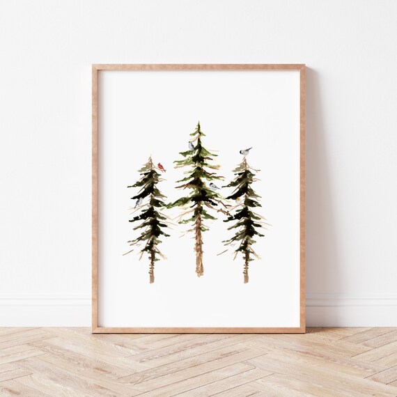 Watercolor Pine Forest Trees With Birds Minimalist Winter Poster