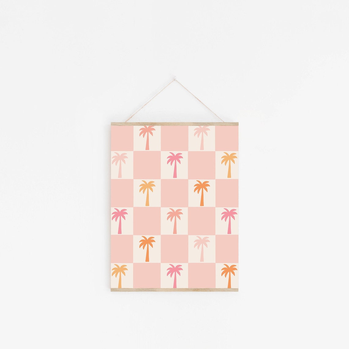 Pink Checkerboard Palm Tree Silhouettes Retro Tropical Pattern Poster - Image 2