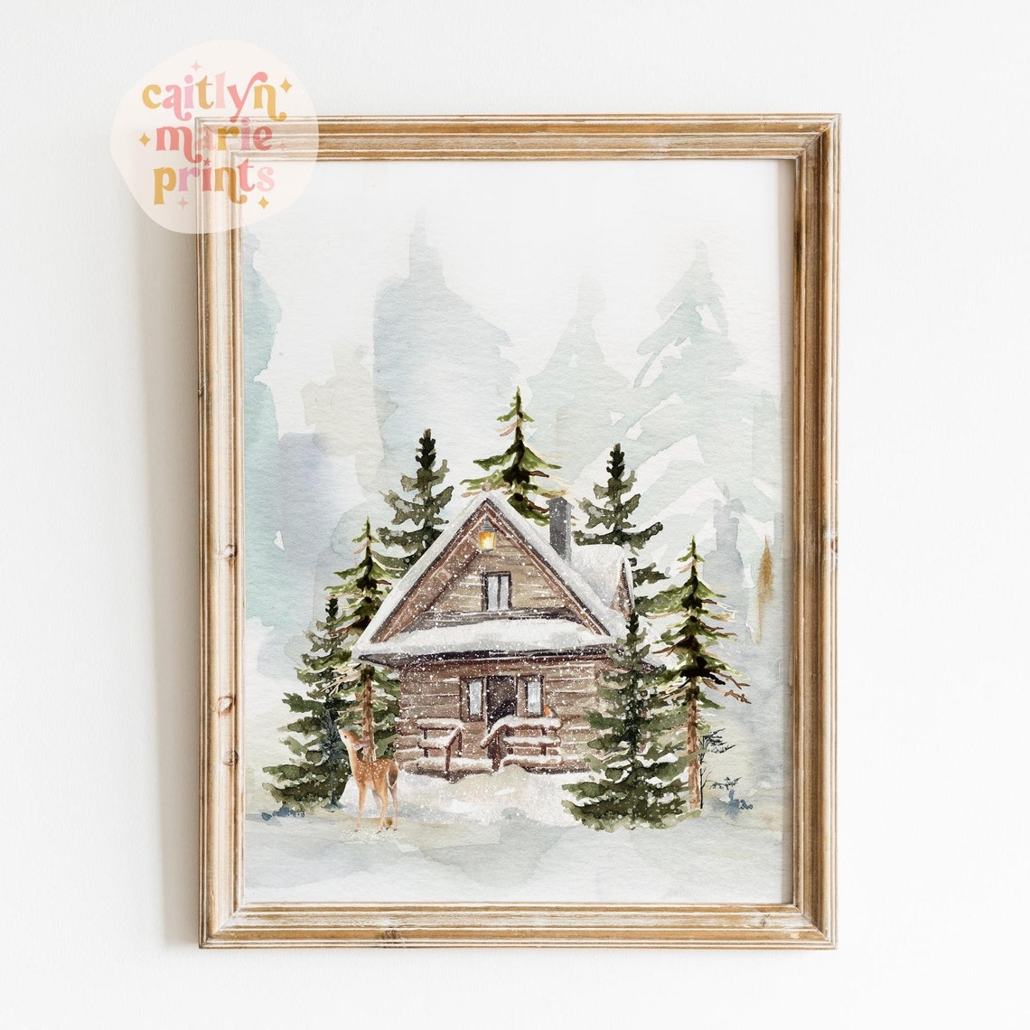 Cozy Watercolor Snowy Cabin in Pine Forest with Deer Winter Poster - Image 3