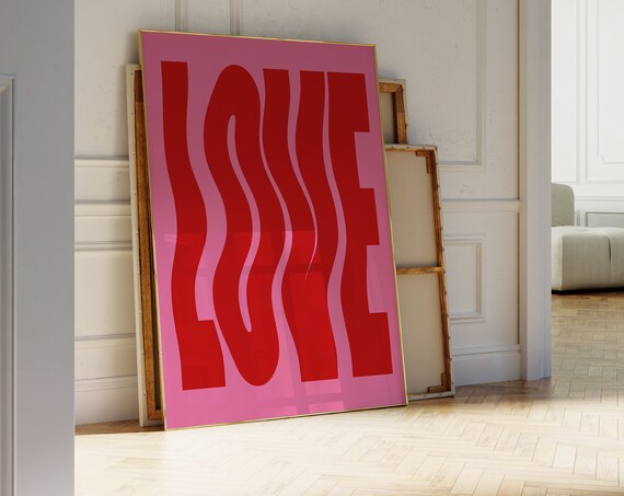 Love Wavy Wall Art Cute Trendy Wavy Poster Pink Retro 70s Dorm College Apartment Decor Aesthetic Wall Art