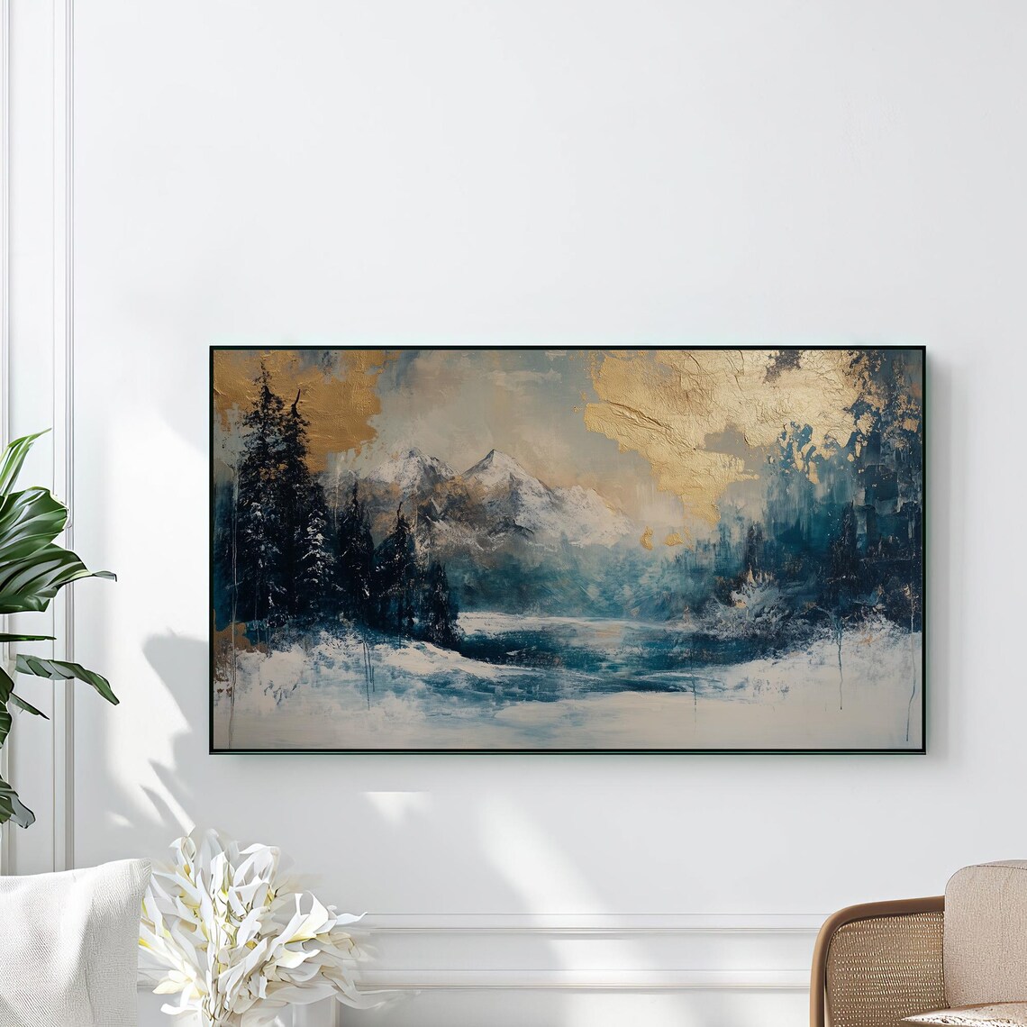 Moody Gold Mountain Landscape Painting Frame Tv Gold Leaf Accent - Image 2