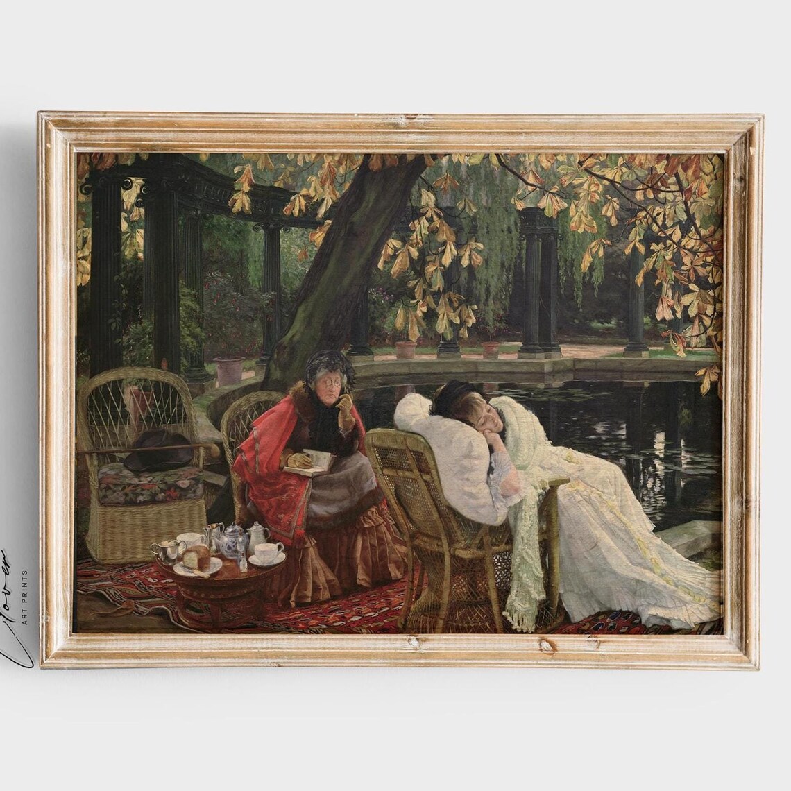 Vintage Autumn Women in Park Two Ladies Relaxing by the Pond Poster