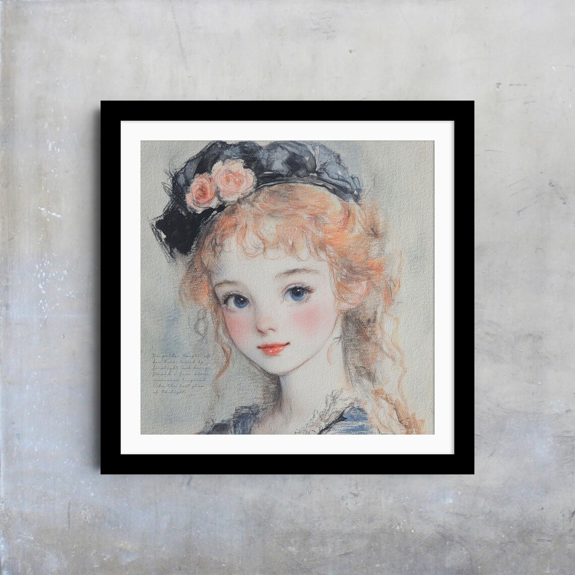 Whimsical Watercolor Portrait Red Curly Hair Girl Roses Hat Poster - Image 4