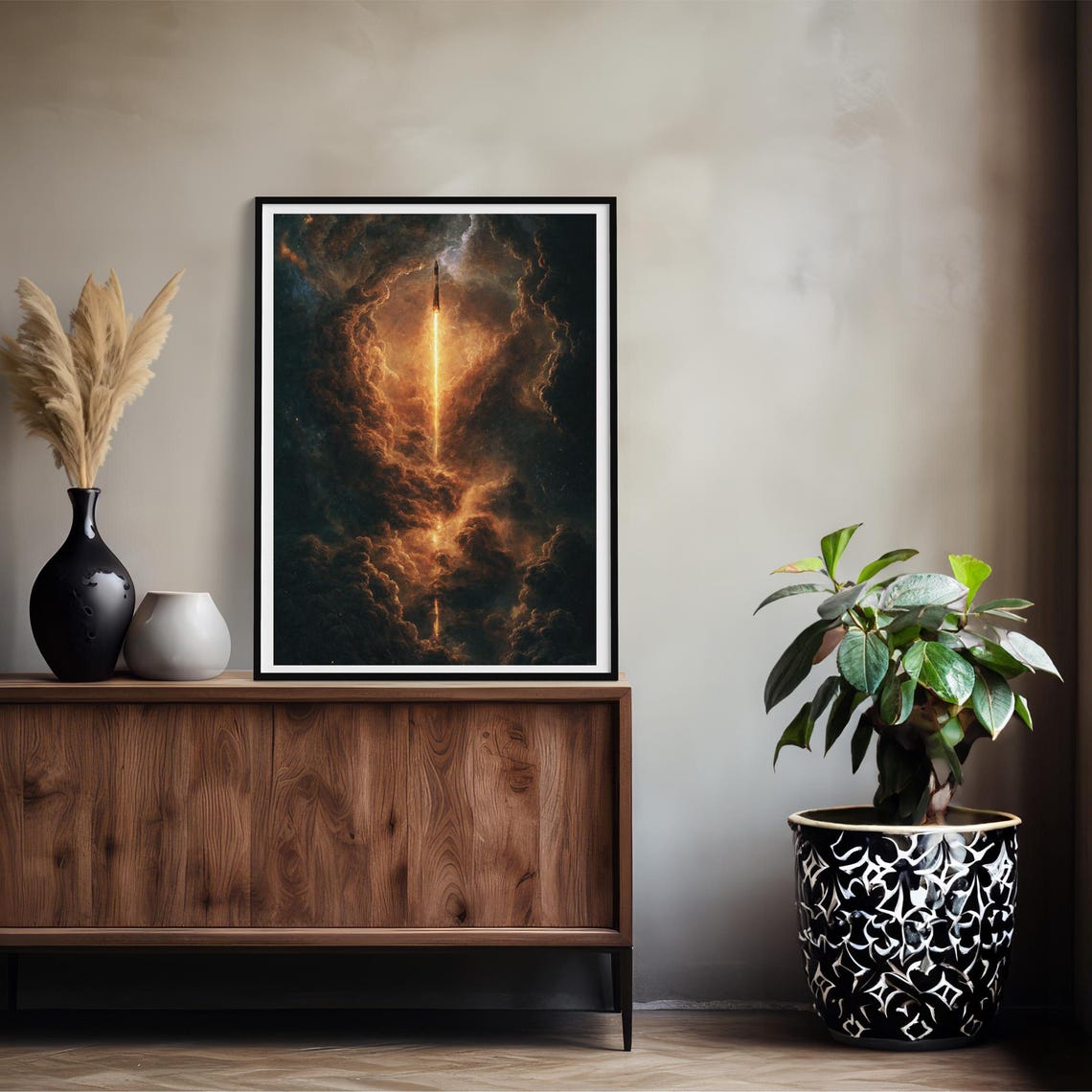 Dramatic Rocket Launch Night Clouds Glowing Trail Space Art Poster - Image 3