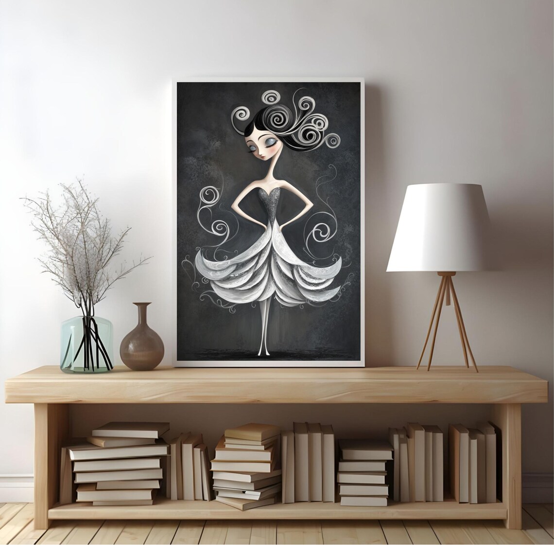 Whimsical Black White Elegant Dancer Swirling Dress Gothic Style Poster - Image 3